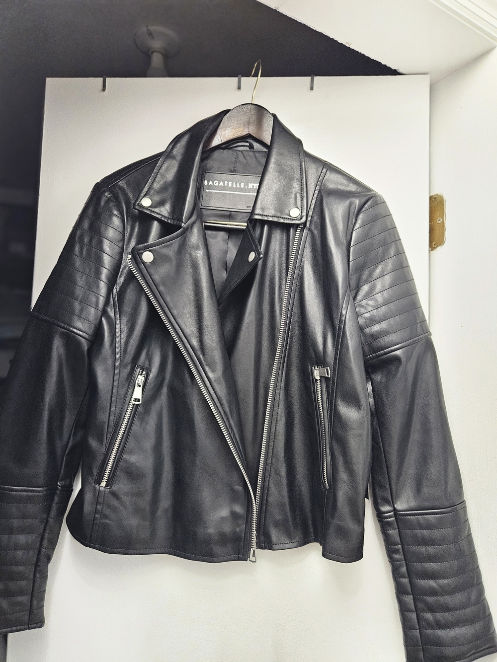 bagatelle Black Quilted Faux Leather Moto Jacket with Silver Zippers
